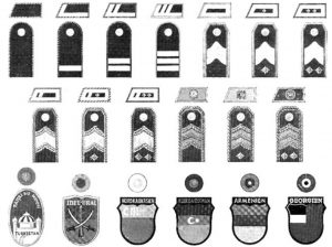 Образцы петлиц, погон, кокард и нарукавных знаков восточных легионов, опубликованные в специальном выпуске немецкого журнала «Сигнал» в декабре 1943 г. 